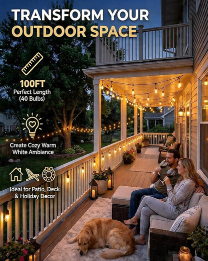 Smart RGB Outdoor String Lights, Color Changing Patio Lights with 21-Key RF Remote and Bluetooth App, IP65 Waterproof Music Sync LED Hanging Lights for Backyard Party Holiday Decor, 100FT (50FT*2)