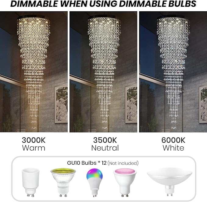 Modern Large Crystal Chandelier for High Ceilings, Raindrop Round Large Foyer Chandelier, Luxury Flush Mount Ceiling Light Fixture for Stairse Entryway Living Room Dia 32" x H 96"-12 Lights
