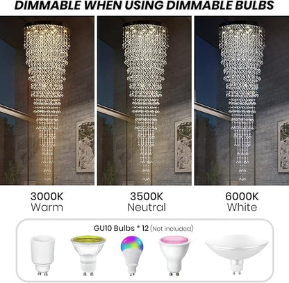 Modern Large Crystal Chandelier for High Ceilings, Raindrop Round Large Foyer Chandelier, Luxury Flush Mount Ceiling Light Fixture for Stairse Entryway Living Room Dia 32" x H 96"-12 Lights