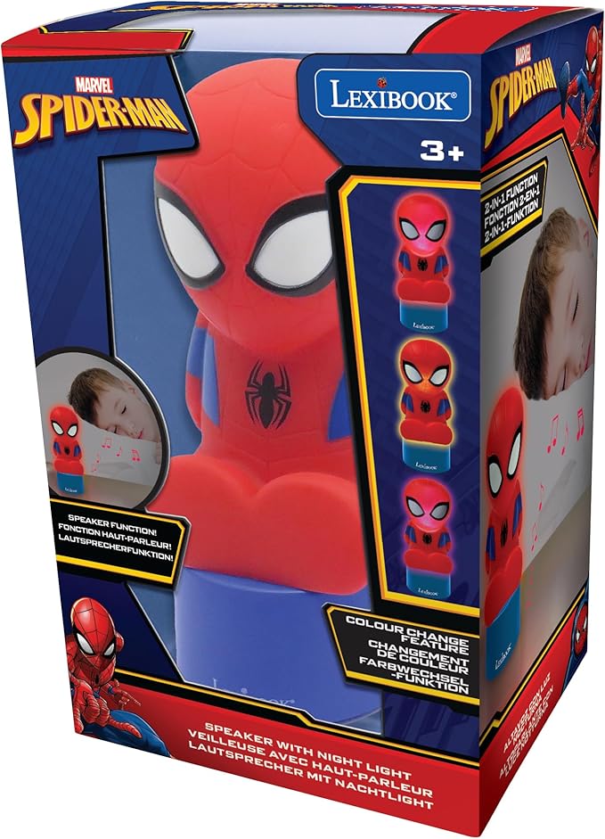 LEXiBOOK Spiderman, Nightlight and Speaker for Children's Room, Color Change, Soft Light, Battery Operated, Blue/Red, NS01SP