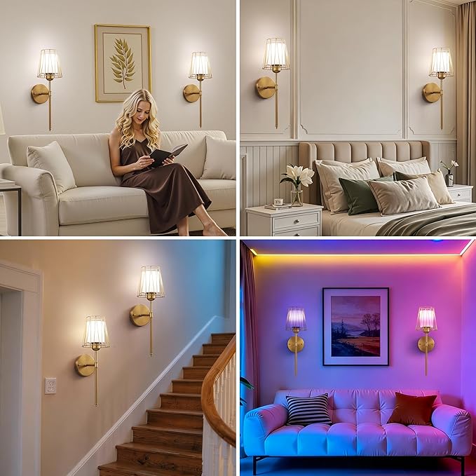 VbiTmn Wall Sconces Set of Two, Gold Wall Sconces Battery Operated, Rechargeable Wireless Wall Lights with Remote, 15 Colors Dimmable 3000K-6000K, Brass Wall Lamps for Bedroom Living Room