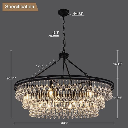 Wellmet Large Black Farmhouse Chandelier, 38in Round Modern Crystal Teardrop Chandelier for Dining Room, Bedroom, Kitchen, Hallway, Closet, Living Room