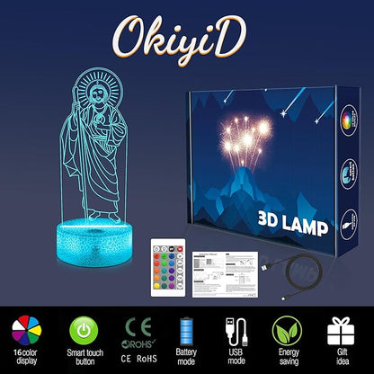 OkiyiD San Judas Tadeo Gifts, 3D San Judas Tadeo Night Light Illusion Lamp with 16 Colors Remote Control, St Jude Religious Prayer Gifts for Women Men Spiritual Decor
