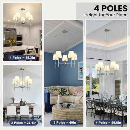 RUIYEY Dining Room Chandeliers Light - 5-Light Brushed Nickel Modern Chandeliers Light Fixtures with White Fabric Shade, Height Adjustable Pendant Island Lights for Entryway Farmhouse