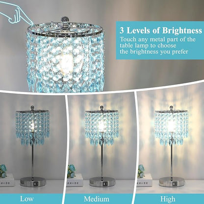 Crystal Table Lamp with Touch Control and Dual USB Ports - 3-Way Dimmable Bedside Light with Teal Lamps Shade for Living Room Bedroom, Elegant Home Decor - LED Bulb Included