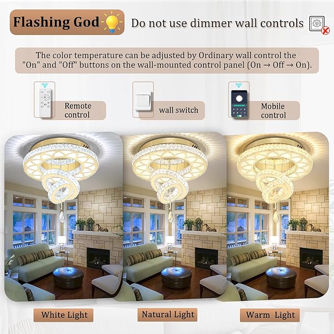 Flashing God 20" Modern Crystal Chandeliers for Living Room Gold Ceiling Chandelier LED Crystal Ceiling Light Flush Mount Chandelier for Bedroom Dining Room Entryway