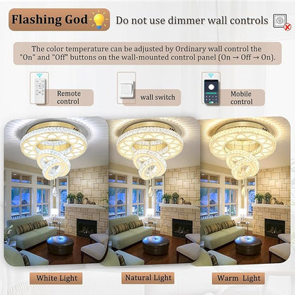 Flashing God 20" Modern Crystal Chandeliers for Living Room Gold Ceiling Chandelier LED Crystal Ceiling Light Flush Mount Chandelier for Bedroom Dining Room Entryway
