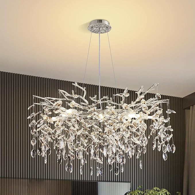 Modern Tree Branch Crystal Chandelier 30" Sliver Luxury Large Pendant Lighting 10-Light Contemporary K9 Crystal Chandeliers for Dining Room Kitchen Living Room Foyer Entryway (Sliver, D30"-Round)