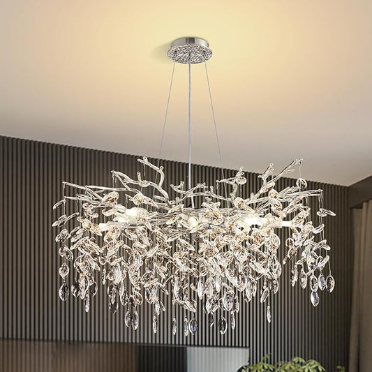 Modern Tree Branch Crystal Chandelier 30" Sliver Luxury Large Pendant Lighting 10-Light Contemporary K9 Crystal Chandeliers for Dining Room Kitchen Living Room Foyer Entryway (Sliver, D30"-Round)