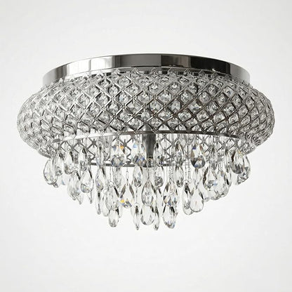 Maxax 19.5'' Chrome Chandelier with Crystal Raindrop Prism, Large 5-Light Flush Mount Ceiling Light Fixture, Drum Raindrop Metal Shade, French Vintage