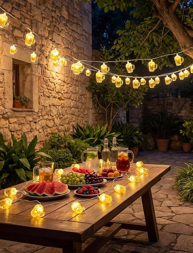 Beer Mug Outdoor String Lights, Hawaiian Decor Lights, 8.5Ft LED Tropical Beach Camping String Lights Plug in with 10 3D Beer Cup Bulbs, Summer Decor for Tent Holiday Party Garden Cinco de Mayo