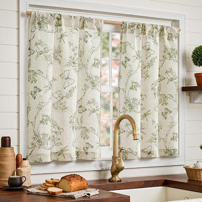 jinchan Floral Kitchen Curtains for Windows 24 Inch Farmhouse Country Linen Tier Curtains Botanic Small Window Drapes for Living Room Bathroom Laundry RV Rod Pocket Rustic 2 Panels Green on Beige