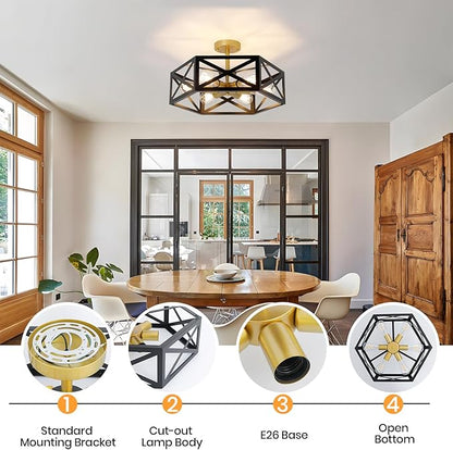 6-Light Semi Flush Mount Ceiling Light Fixture, 19.7" Gold Black Hallway Light Fixtures Ceiling Mount, Modern Close to Ceiling Lighting for Living Room Bedroom Dining Room Kitchen Entry Foyer