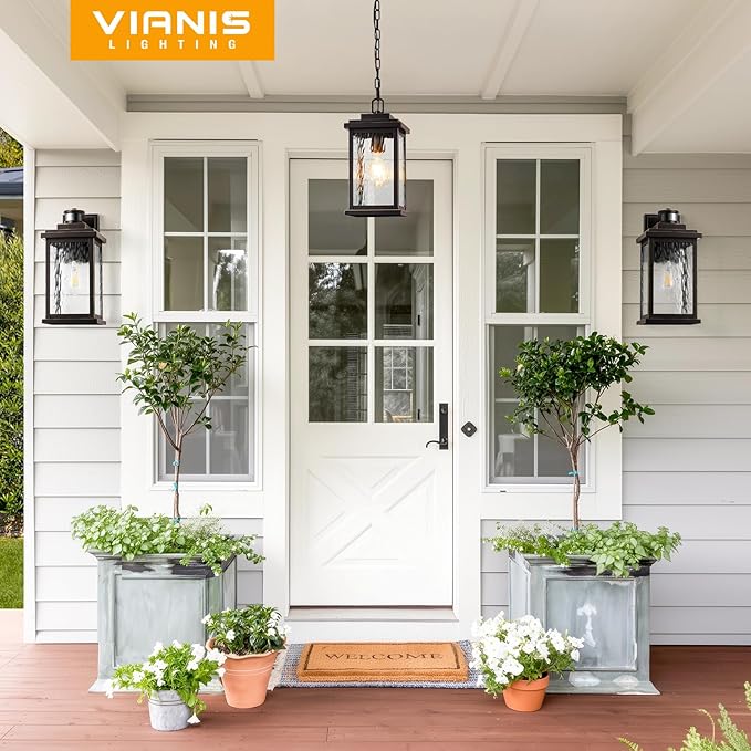 VIANIS Large Outdoor Pendant Light Fixtures with Water Glass, Anti-Rust Waterproof Hanging Light Fixture with Adjustable Wire, Easy-to-Install Outdoor Hanging Lantern for Porch, Garden, Garage