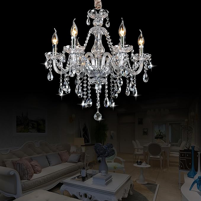 Bagood Clear 6 Lights Candle Chandelier Lighting K9 Crystal Candle Chandeliers Lighting Crystal Modern Chandelier for Dining Living Room Bedroom Entry Elegant Decoration E12 Base, H22 x W23.6 Inch
