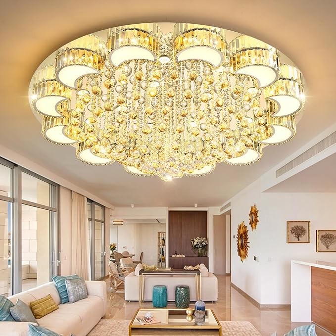 47" Silver Modern Crystal Chandeliers for Dining Room LED Dimmable Light Fixtures Flush Mount Light Living Room Bedrooms