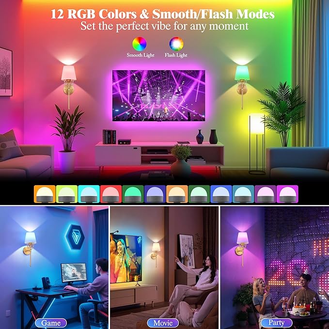 Battery Operated Wall Sconce Set of 2, Gold Rechargeable Wireless Wall Lights, with 5000mAh RGB Dimmable Bulbs and Remote, 15 Colors Wall Lamps Sconces Wall Decor for Bedroom Living Room Hallway