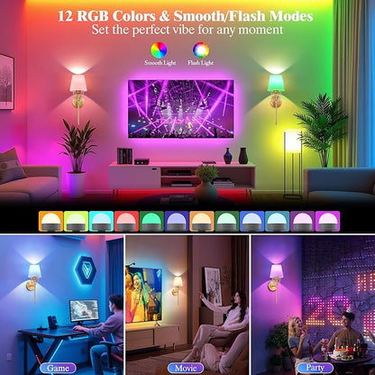 Battery Operated Wall Sconce Set of 2, Gold Rechargeable Wireless Wall Lights, with 5000mAh RGB Dimmable Bulbs and Remote, 15 Colors Wall Lamps Sconces Wall Decor for Bedroom Living Room Hallway