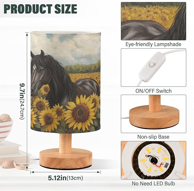 Horse in Sunflower Field Table Lamp with Wood Base Fabric Lamp Shade Bedside Nightstand Desk Lamp for Living Room Bedroom Kids Room Office