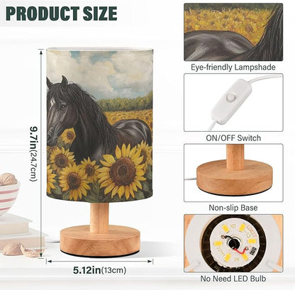 Horse in Sunflower Field Table Lamp with Wood Base Fabric Lamp Shade Bedside Nightstand Desk Lamp for Living Room Bedroom Kids Room Office