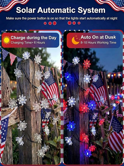 ITICdecor Solar Flower String Lights Outdoor Waterproof 50 LED Solar String Lights for Outside Decorative for Garden Fence Patio Yard Christmas Tree Lawn Party(Red White&Blue)