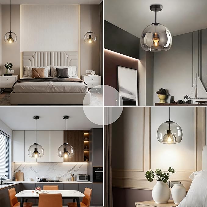 9.1in Large Smoke Glass Pendant Light for Kitchen Island, 2-Pack with Extra 2 LED Bulbs & 4.92ft Adjustable Cord | Modern Minimalist Lighting for Dining Room, Living Room, Entryway