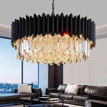 Modern Black Crystal Chandelier 24" Round Chandeliers 8-Lights Ceiling Pendant Light Fixtures 5 Tiers for Dining Room Living Room Bedroom Foyer Entryway