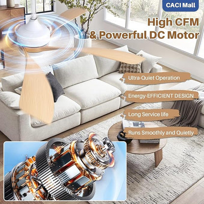 CACI Mall 52 Inch Ceiling Fans with Lights and Remote, modern, Outdoor ceiling fan with 6-Speed, 5 Blades, 2 Downrods, 3 CCT, Timer, Quiet Reversible DC Motor for Living Room, Bedroom, Patios
