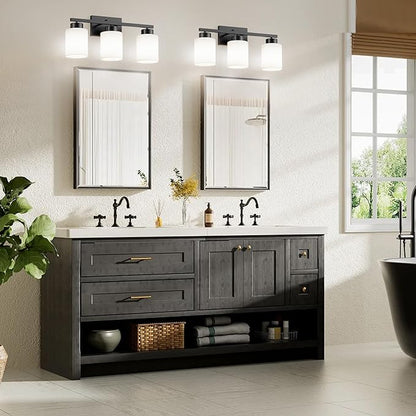 PARTPHONER 3-Light Matte Black Bathroom Light Fixtures, Modern Vanity Light Over Mirror Lighting, Wall Sconce with Frosted Milky White Glass Shades for Bedroom Living Room Kitchen Hallway