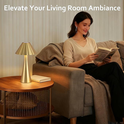 Cordless Rechargeable Table Lamps, Metal LED Desk Lamp with Top Touch Control & Stepless Dimming, Portable Battery-Operated Bedside Lamp for Bedroom, Living Room, Office, Café, Outdoor(Gold)