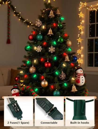 50Ft C9 LED Christmas Lights Outdoor, Vintage Christmas String Light Plug in with 52 Shatterproof C9 Red White Green Bulbs Christmas Decorations Lights for Indoor Christmas Tree Patio Roofline Party