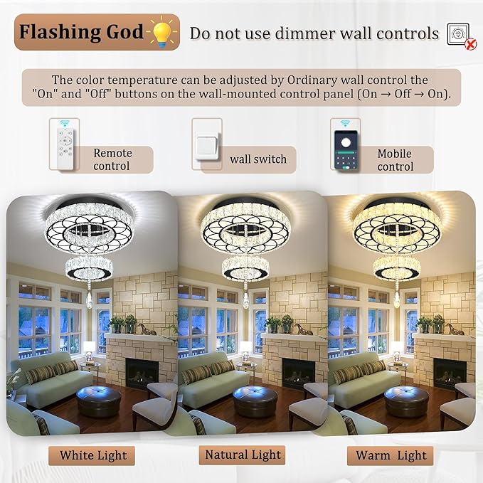 Flashing God Dia 16" Black Modern Crystal Chandeliers Flush Mount Chandelier Dimmable LED Light Crystal Ceiling Light for Hallway Bedroom Living Room Dining Room