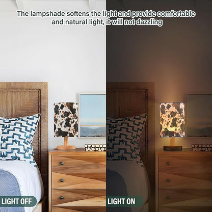 Bedside Table Lamp Cow Tie Dye Print Nightstand Lamp with Wood White Black Brown Animal Skin Desk Lamps for Bedroom Living Room Nursery Office Home Decor