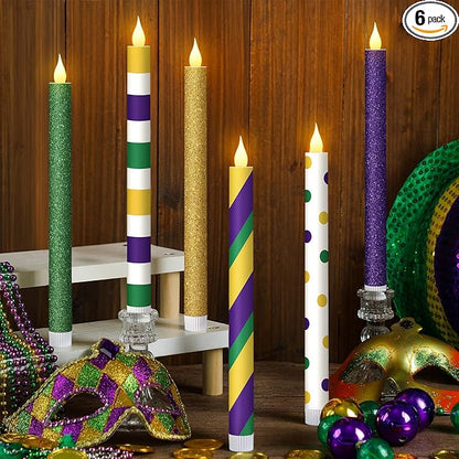 Honoson 6 Pcs Mardi Gras Flameless Taper Candles 10.6 Inch Purple Green and Gold Candles Battery Operated LED Candlesticks for Mardi Gras Dinner Table Centerpiece Indoor Outdoor Party Home Decor