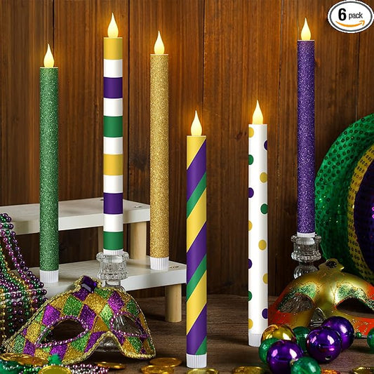 Honoson 6 Pcs Mardi Gras Flameless Taper Candles 10.6 Inch Purple Green and Gold Candles Battery Operated LED Candlesticks for Mardi Gras Dinner Table Centerpiece Indoor Outdoor Party Home Decor