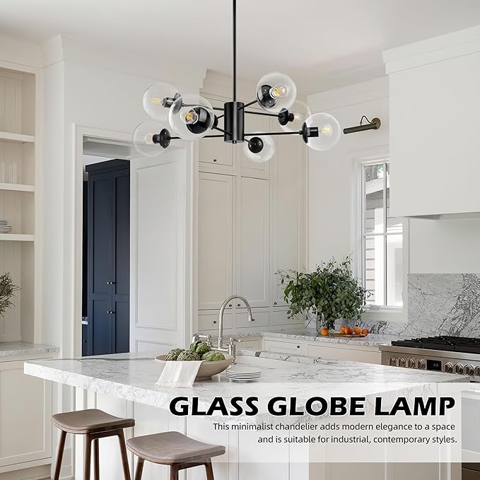 Bagood 8-Light Globe Sputnik Chandelier Mid Century Sputnik Chandeliers Modern Black Chandelier with Clear Globe Pendant Light Clear Glass Adjustable Hanging Ceiling Light for Living Dining Room