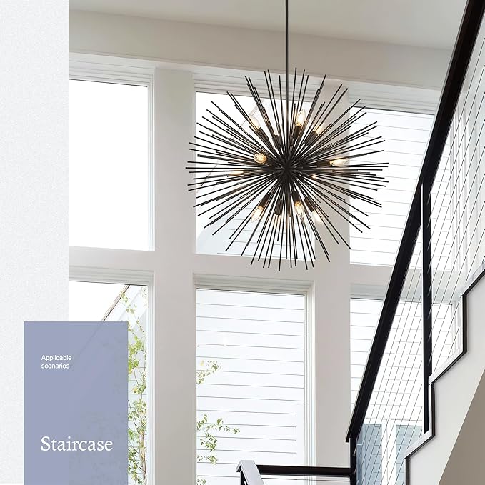 31.5" 12-Light Black Sputnik Chandelier Modern Industrial Foyer Light Fixtures, Adjustable Firework Globe Ceiling Fixture for Living Room, Entryway, Dining, Bedroom, Hallway, Stairway