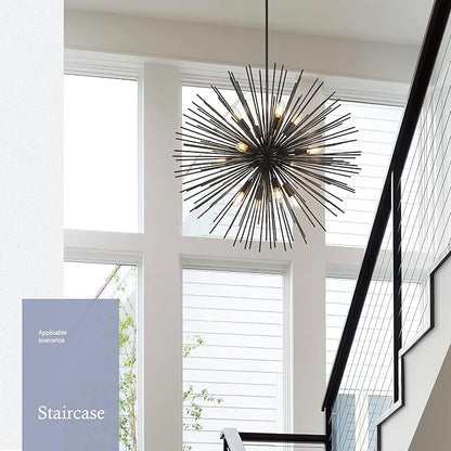 31.5" 12-Light Black Sputnik Chandelier Modern Industrial Foyer Light Fixtures, Adjustable Firework Globe Ceiling Fixture for Living Room, Entryway, Dining, Bedroom, Hallway, Stairway