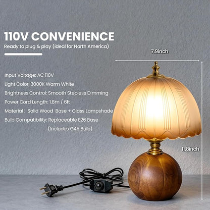 11.8" Decorative Wooden Table Lamp with Frosted Glass Shade, Dimmable Bedside Nightstand Lamp with E26 Socket & 6ft Cord, Small Accent Lamp for Bedroom & Living Room (Gradient)