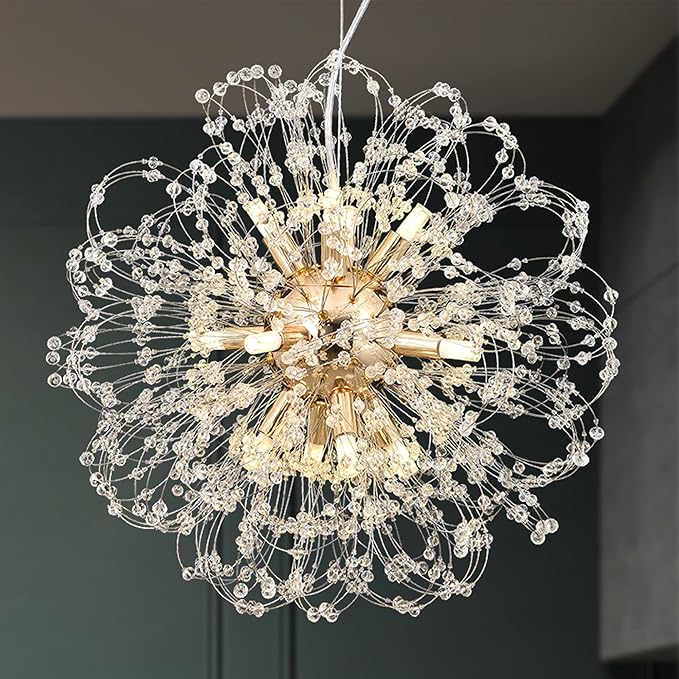 Modern Firework Chandelier, 12-Light Crystal Dandelion Chandeliers for Living Room, Gold Sputnik Chandelier Steel Pendant Lights for Bedroom, Dining Room, Kitchen, Restaurant