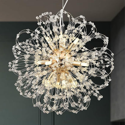 Modern Firework Chandelier, 12-Light Crystal Dandelion Chandeliers for Living Room, Gold Sputnik Chandelier Steel Pendant Lights for Bedroom, Dining Room, Kitchen, Restaurant