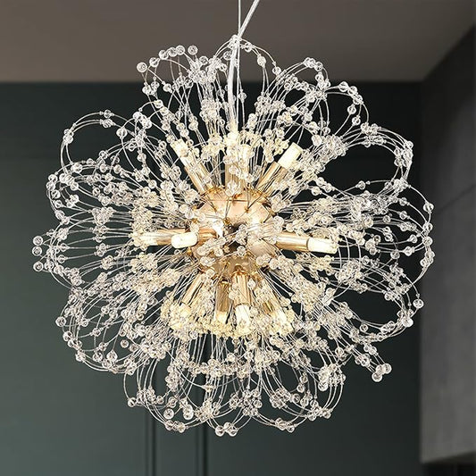 Modern Firework Chandelier, 12-Light Crystal Dandelion Chandeliers for Living Room, Gold Sputnik Chandelier Steel Pendant Lights for Bedroom, Dining Room, Kitchen, Restaurant