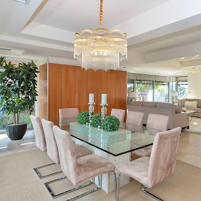 22.83" Gold Clear Glass Crystal Chandelier 8-Light Modern Crystal Pendant Ceiling Light Fixture 2-Tier Luxury Glass Chandeliers,for Dining Room Kitchen Island Living Room Bedroom