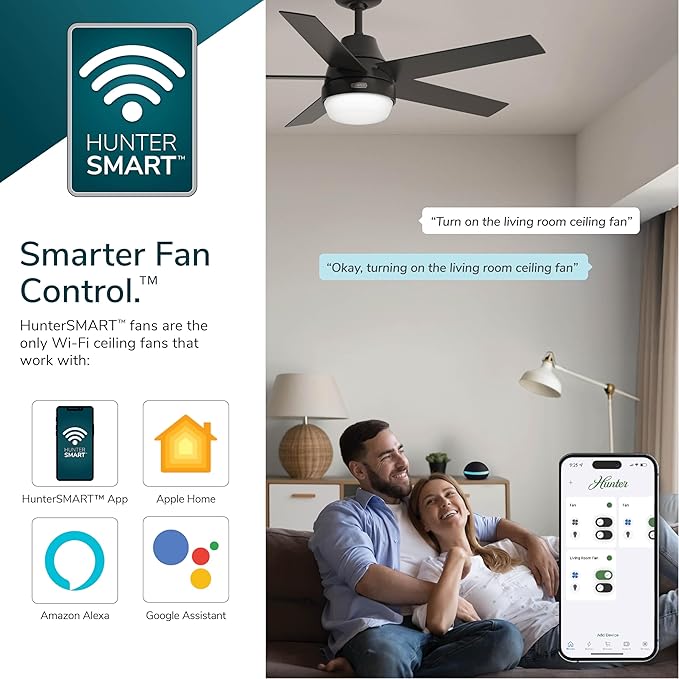 Hunter 52 inch Indoor Ceiling Fan with LED Light and Remote Control - Silver Modern Smart Ceiling Fan, Standard Mount, 5 Blades, For Bedroom, Living Room, or Kitchen - Aerodyne 51315, Matte Silver