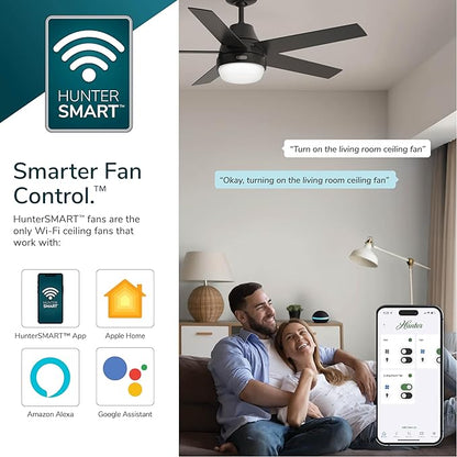 Hunter 52 inch Indoor Ceiling Fan with LED Light and Remote Control - Modern Smart Ceiling Fan, Standard Mount, 5 Blades, For Bedroom, Living Room, or Kitchen, Quiet - Aerodyne 52614, Dove Grey