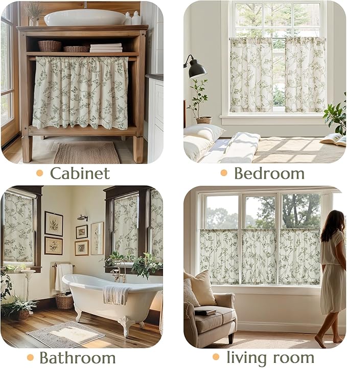 jinchan Floral Kitchen Curtains for Windows 24 Inch Farmhouse Country Linen Tier Curtains Botanic Small Window Drapes for Living Room Bathroom Laundry RV Rod Pocket Rustic 2 Panels Green on Beige