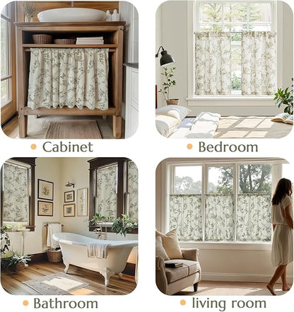 jinchan Floral Kitchen Curtains for Windows 24 Inch Farmhouse Country Linen Tier Curtains Botanic Small Window Drapes for Living Room Bathroom Laundry RV Rod Pocket Rustic 2 Panels Green on Beige