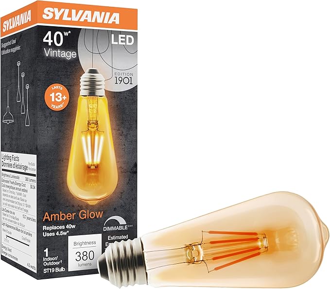 Sylvania LED Vintage Filament ST19 Light Bulb, 40W Equivalent Efficient 4.5W, 13 Year, Dimmable, 2175K, Amber Glow - 1 Pack (75351)