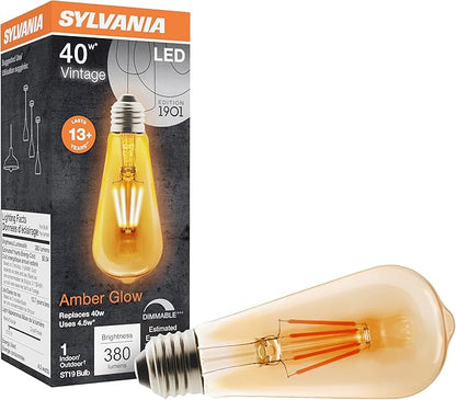 Sylvania LED Vintage Filament ST19 Light Bulb, 40W Equivalent Efficient 4.5W, 13 Year, Dimmable, 2175K, Amber Glow - 1 Pack (75351)