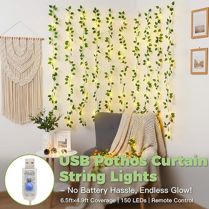 suddus Vines with Lights for Bedroom, 150 LED Fairy Lights with Vines, Pothos Curtain Lights for Bedroom, Dorm, Wedding, Party, Wall, Indoor, Outdoor Decor, 6.5ft x 4.9ft